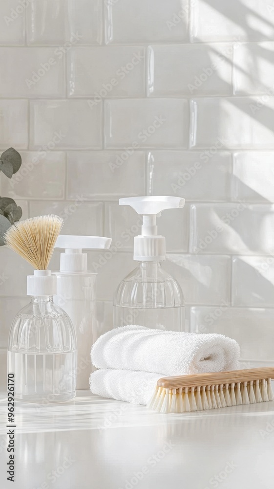 Eco cleaning products isolated on white background,Organic concept,Minimal Cleaning product tool equipments,bathroom,concept of housekeeping, professional clean service,cleaning service.