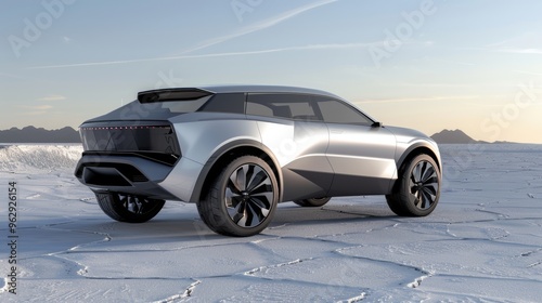 futuristic silver electric SUV concept car designed with an Italian flair, standing on a salt lake in an icy landscape, featuring sleek minimalistic design and advanced digital display technology photo