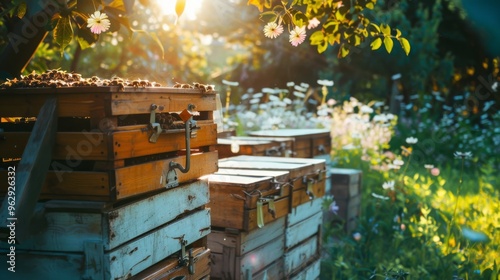 Sunlight filters through trees onto an array of colorful beehives in a lush garden, creating a serene and picturesque scene full of natural beauty.