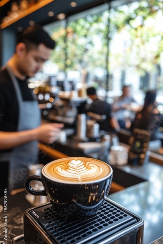 A barista serving a coffee in a chic cafe, with patrons sitting and chatting in the background