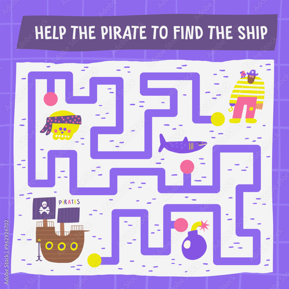 Obraz premium Marine pirate doodle maze with Caribbean bandit character, ship, skull, shark, bomb. Old civilization puzzle for kids, children. Funny cartoon style labyrinth with adorable characters