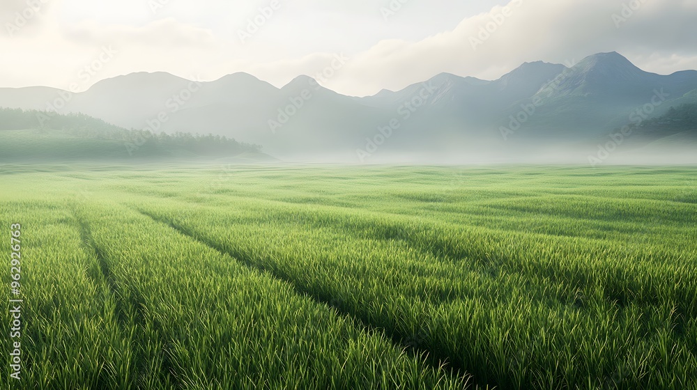 Obraz premium Lush Green Rice Paddy Field with Mountain Background and Fog