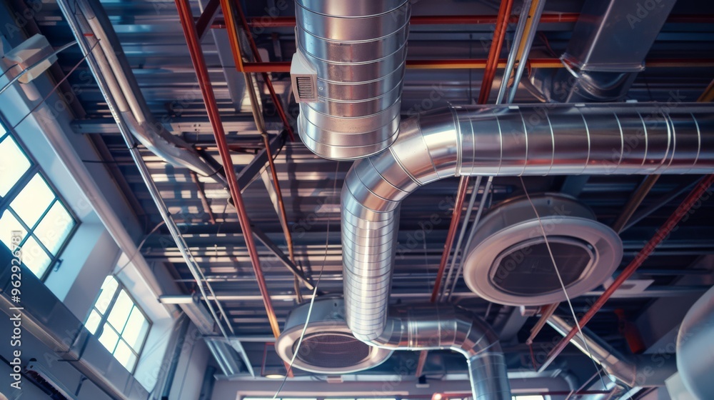 Detailed view of intricate air ducts and ventilation structures in a large industrial facility, showcasing the complexity and engineering precision. Detailed view of intricate air ducts and ventilation structures in a large industrial facility, showcasing the complexity and engineering precision.