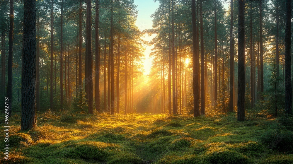 Obraz premium Serene Forest Clearing, a tranquil space surrounded by tall trees, illuminated by warm golden sunlight, inviting peace and reflection.