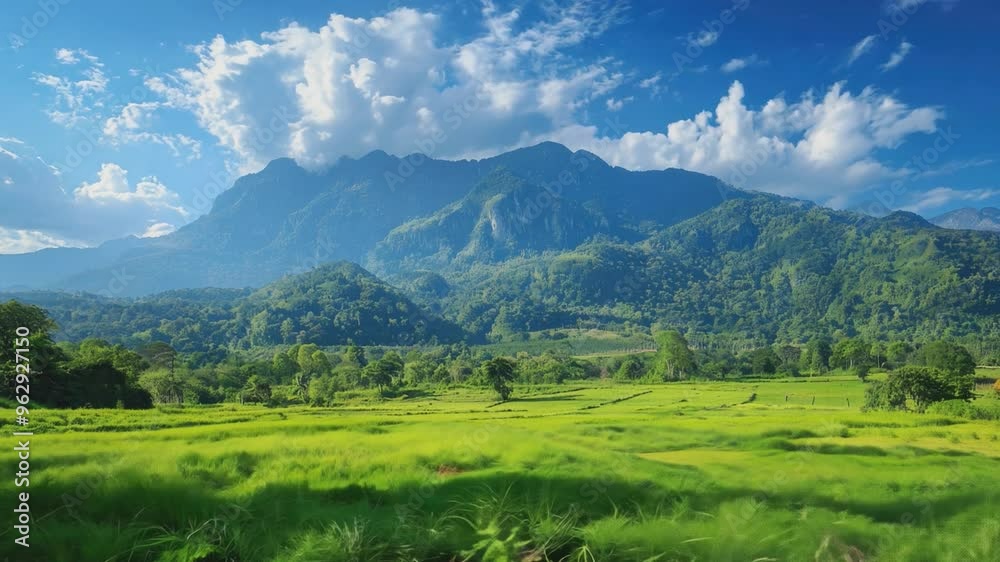 A breathtaking view of rolling mountains and lush valleys under a bright blue sky filled with fluffy white clouds A breathtaking view of rolling mountains and lush valleys under a bright blue sky filled with fluffy white clouds