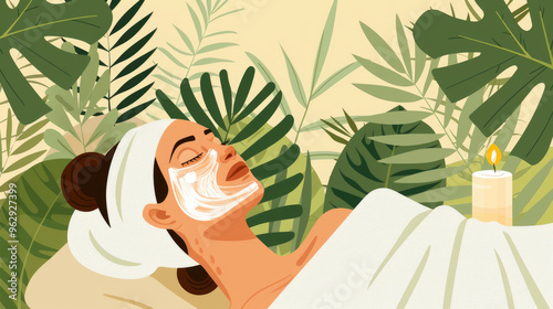 A woman receives a soothing facial treatment while lying comfortably, surrounded by lush green plants and a flickering candle photo