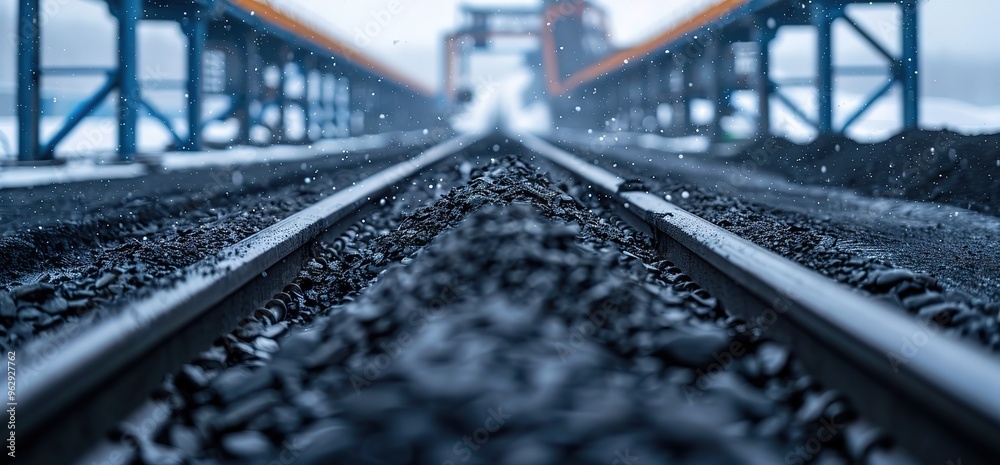 Close up of railroad tracks vanishing into the distance with snow falling. The tracks are made of steel and are surrounded by gravel. Close up of railroad tracks vanishing into the distance with snow falling. The tracks are made of steel and are surrounded by gravel.