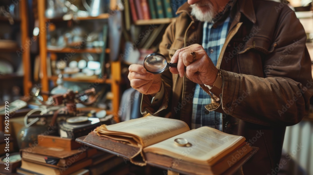 An elderly man holds a magnifying glass to inspect a book in a richly stacked bookstore, capturing a moment of intense study and curiosity. An elderly man holds a magnifying glass to inspect a book in a richly stacked bookstore, capturing a moment of intense study and curiosity.