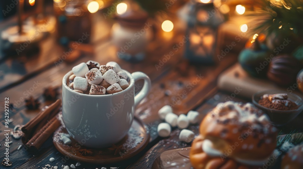 A cozy holiday scene with a cup of hot cocoa topped with marshmallows, surrounded by twinkling lights and festive decorations.