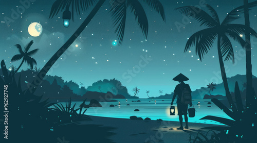 A person strolls along a tranquil beach at night, carrying a lantern as stars twinkle above amidst palm trees photo