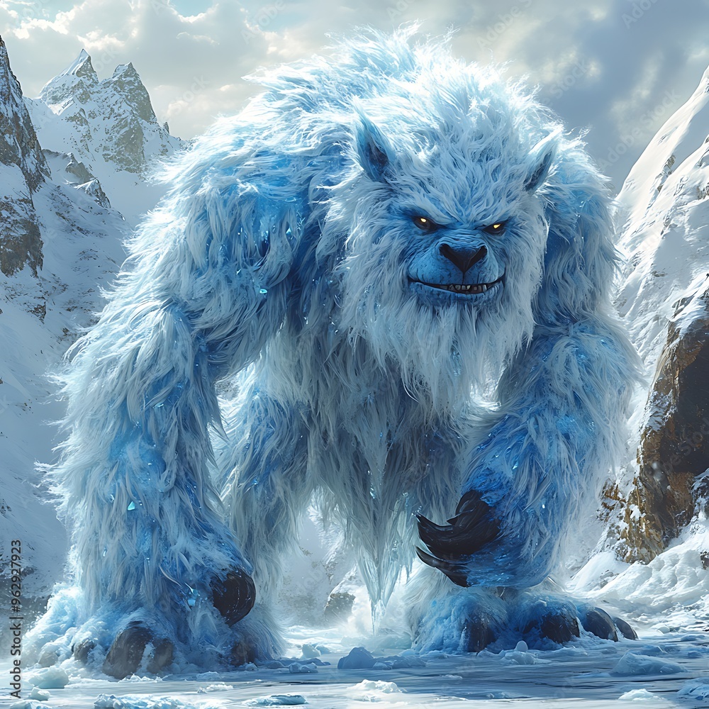 A large, white yeti stands on a snowy mountaintop. A large, white yeti stands on a snowy mountaintop.