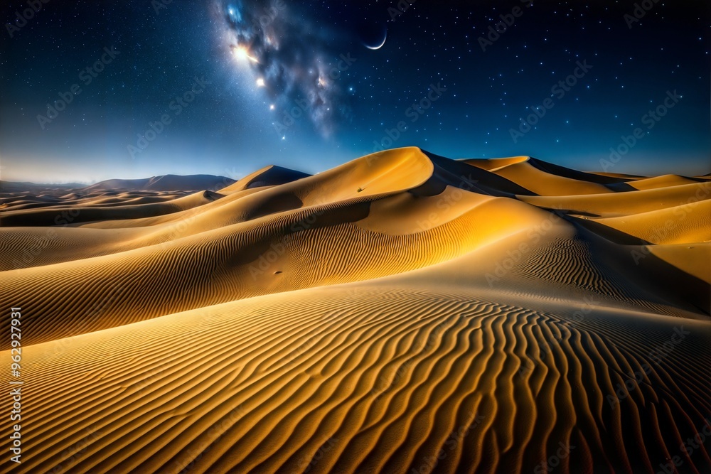 Naklejka premium Dunes under starry sky with crescent moon and astral wonders at night