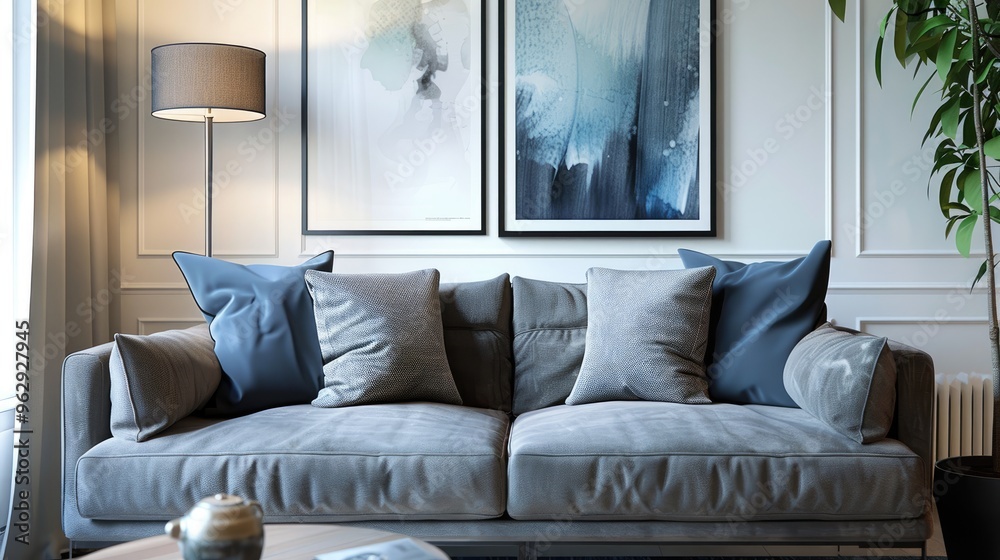 Fototapeta premium Elegant living room with grey couch, pillows, lamp, and poster.
