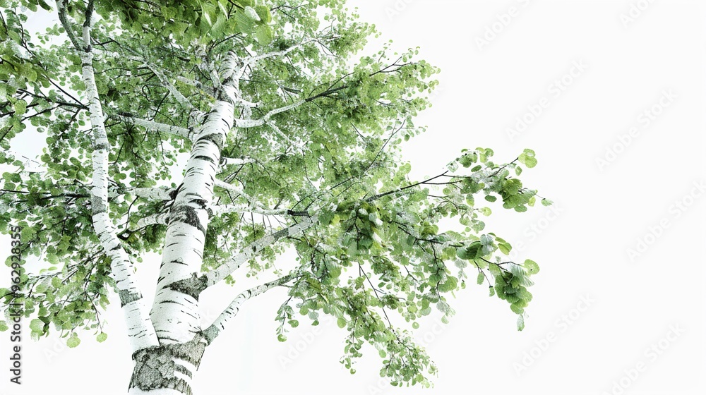 Fototapeta premium A detailed birch tree with white bark and green leaves on a solid white background.