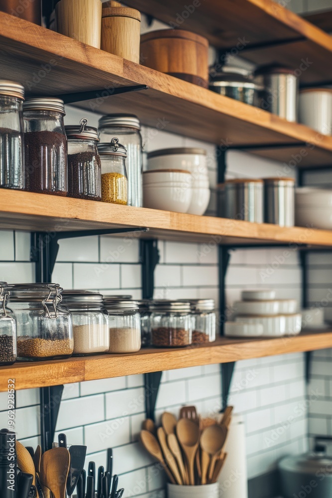 A clean and organized kitchen shelf with neatly arranged glass jars and wooden spoons A clean and organized kitchen shelf with neatly arranged glass jars and wooden spoons