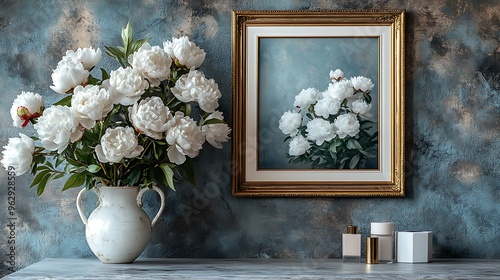 Fototapeta Naklejka Na Ścianę i Meble -  White peonies in a vase with a painting of peonies and perfume bottles on a table in front of a blue wall.
