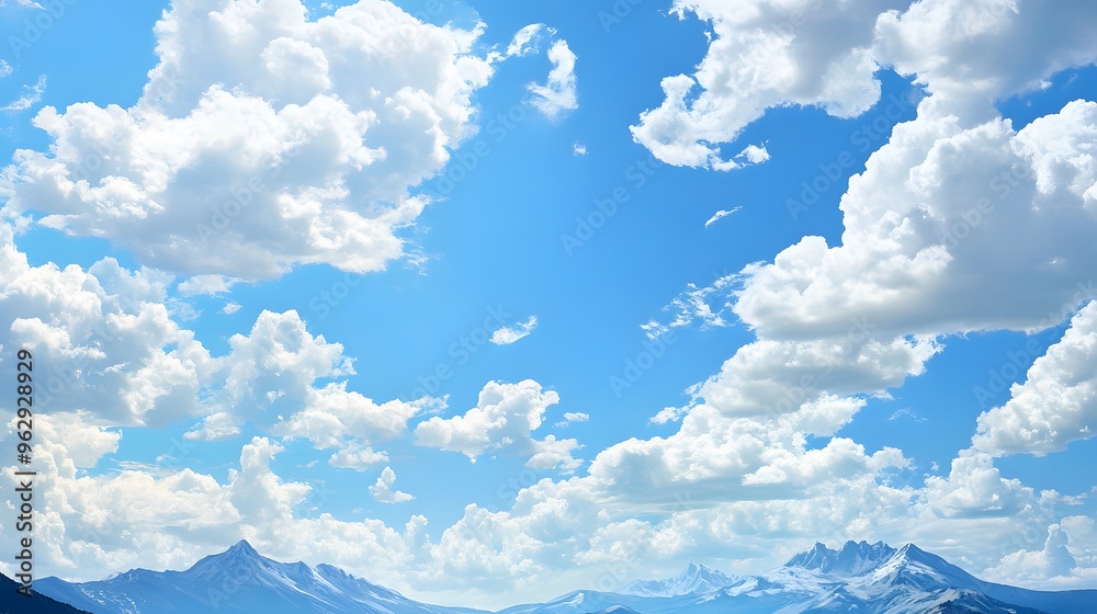 Fototapeta premium Blue Sky with Fluffy Clouds and Mountain Peaks