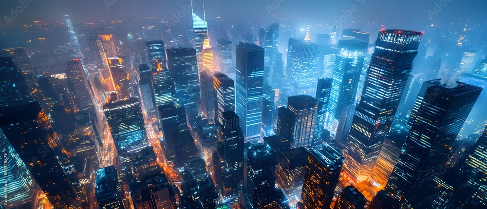 Obraz premium Nighttime Aerial View of Illuminated Skyscrapers in a City