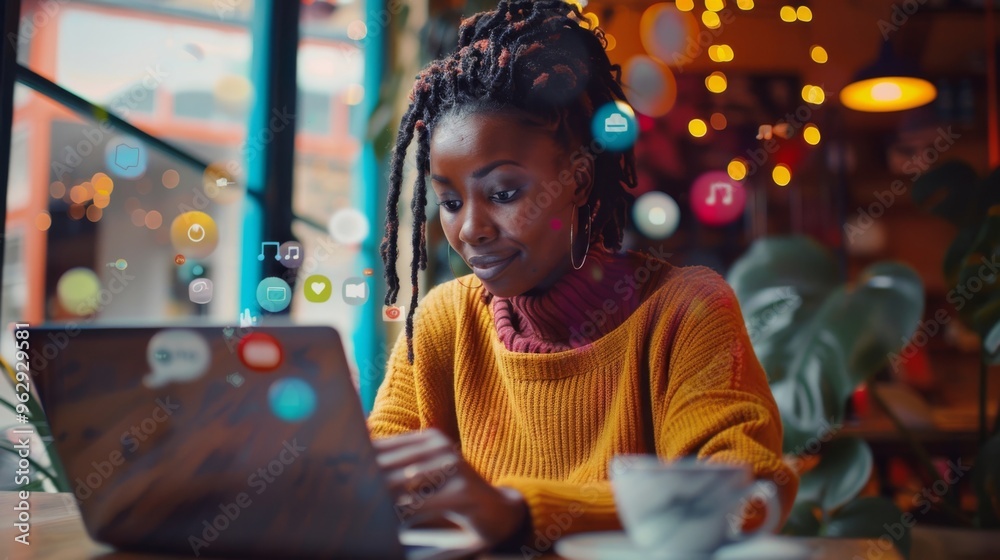 Obraz premium Woman in cozy cafe works on laptop. Coffee cup on table. Bokeh lights in background. Focus on productivity and technology in warm setting.