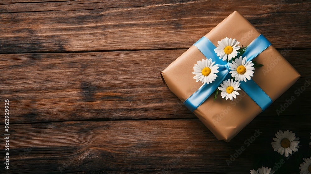 Gift Box with White Daisies on Rustic Wooden Background Gift Box with White Daisies on Rustic Wooden Background