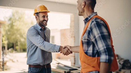 Two smiling construction workers shaking hands in the middle of an unfinished house, with blueprints and tools visible on one side. 