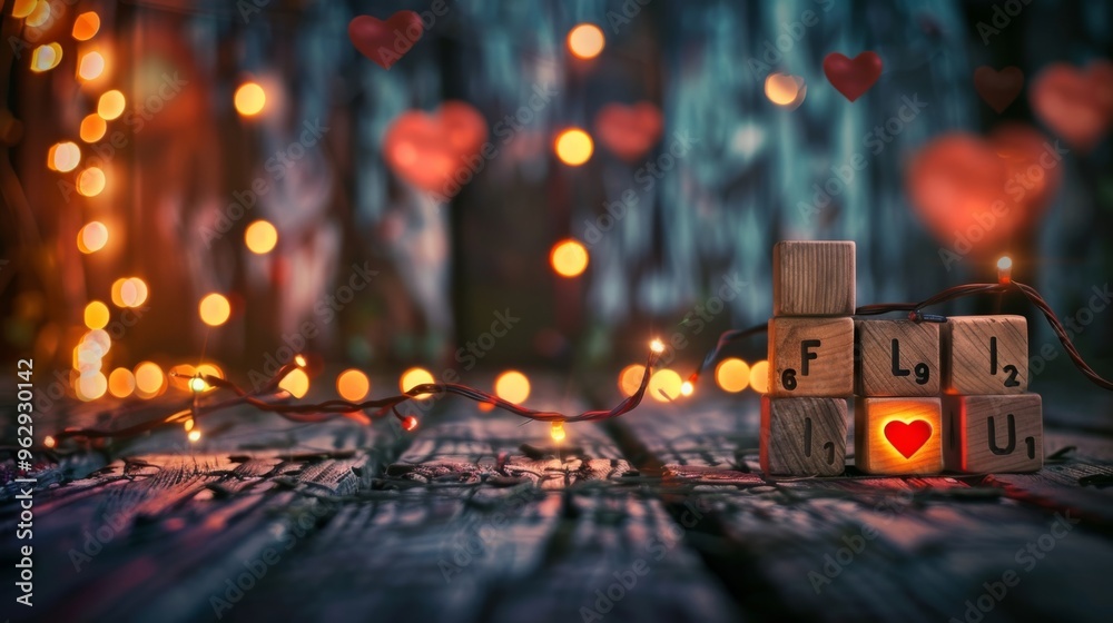 Romantic wooden blocks with heart on rustic table with string lights. Soft bokeh and calm atmosphere. Perfect for love, valentines, and sweet mood. Romantic wooden blocks with heart on rustic table with string lights. Soft bokeh and calm atmosphere. Perfect for love, valentines, and sweet mood.