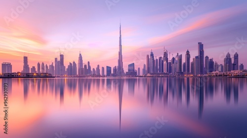 Panoramic view of Dubai skyline at sunrise with reflections in water creating a mesmerizing cityscape capturing the beauty of urban architecture.