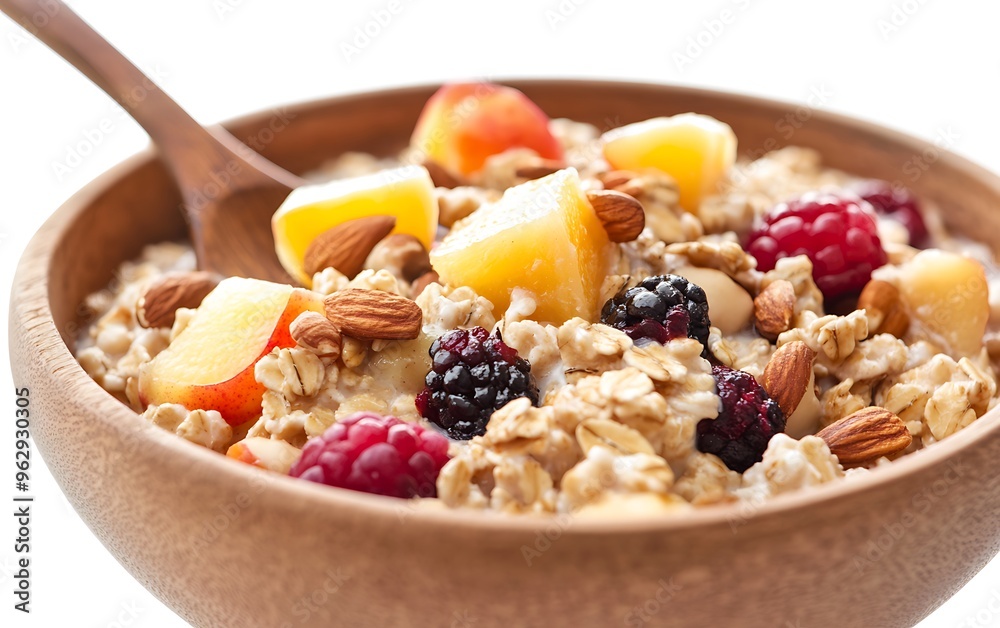 Delicious Oatmeal Bowl with Fresh Fruits and Nuts - Close-up Stirring on White Background Delicious Oatmeal Bowl with Fresh Fruits and Nuts - Close-up Stirring on White Background