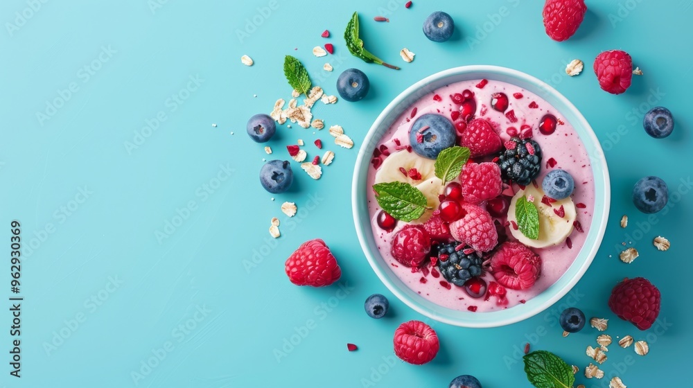 healthy milk yogurt with berries and granola on blue background, flat lay top view of nutritious breakfast concept with space for text healthy milk yogurt with berries and granola on blue background, flat lay top view of nutritious breakfast concept with space for text