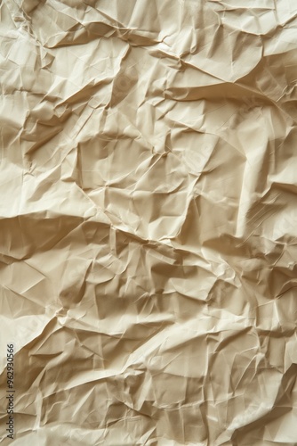 Crumpled beige paper texture background with folded edges. Close-up view of paper surface from above. Perfect for design and art projects. Use as a unique background or element in your composition.