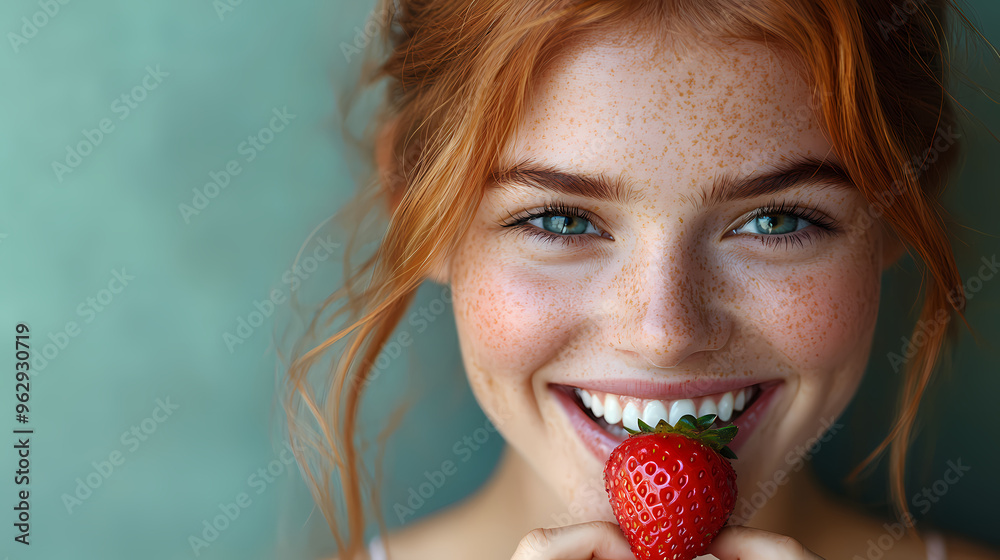 Woman covering her face with a strawberry. Woman covering her face with a strawberry.