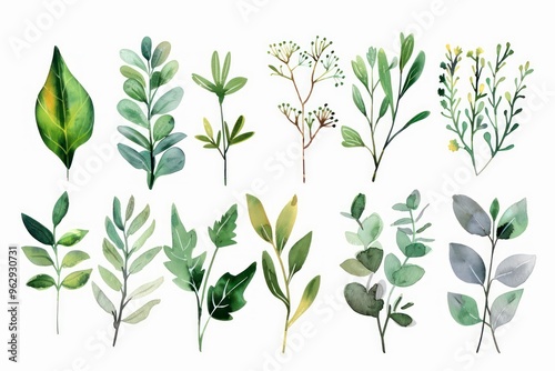 watercolor illustration of various beautiful plants on pastel tones