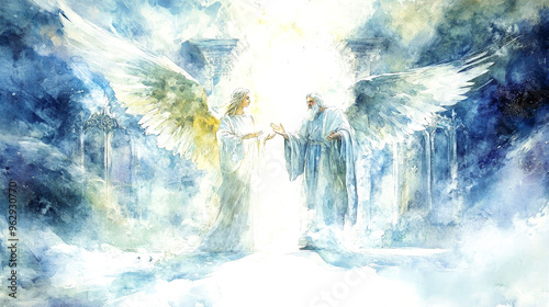 A white angel converses with King David at the gates of heaven, capturing a moment of divine connection in a pastel watercolor style photo