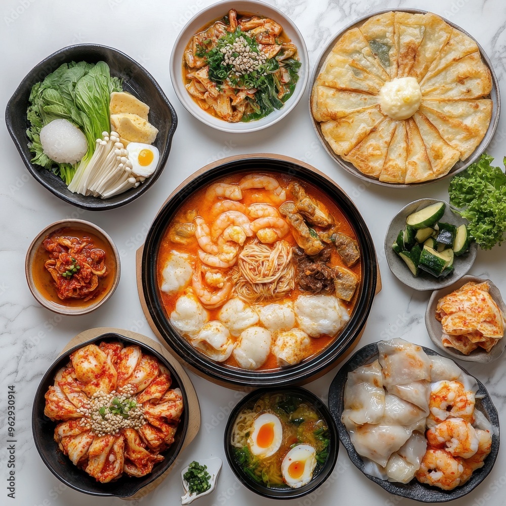 Korean foods served on a dining table with Tteokbokki,Pork,tofu and
