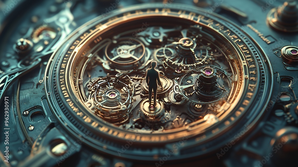 A small figure stands amidst intricate gold gears and cogs, representing the concept of time and its mechanics. A small figure stands amidst intricate gold gears and cogs, representing the concept of time and its mechanics.