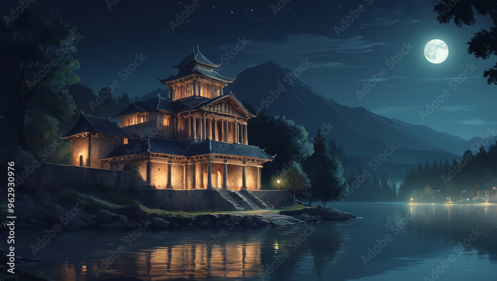 Fototapeta premium illustration of an ancient building by the lake at night