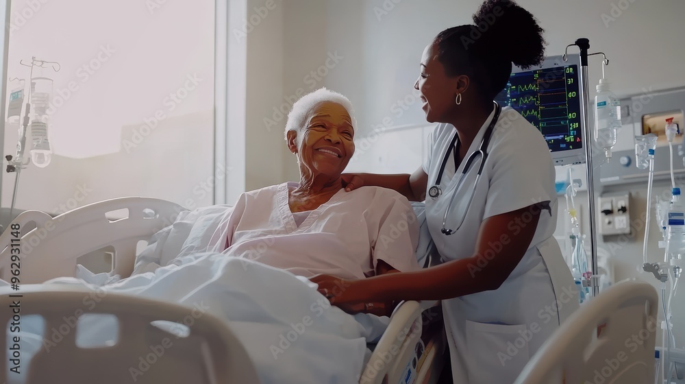 Black Caring Nurse Comforting Elderly Patient Sitting in Hospital Bed Sincere Smiles Black Caring Nurse Comforting Elderly Patient Sitting in Hospital Bed Sincere Smiles