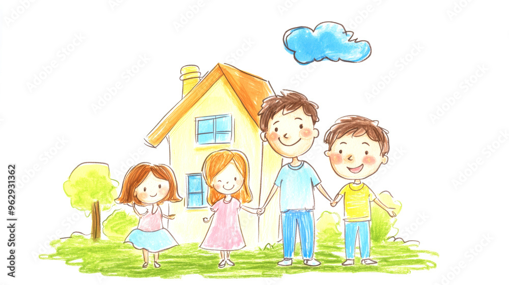 A happy family, smiling and holding hands, is illustrated in a cheerful doodle style right next to their colorful house, creating a heartwarming scene A happy family, smiling and holding hands, is illustrated in a cheerful doodle style right next to their colorful house, creating a heartwarming scene