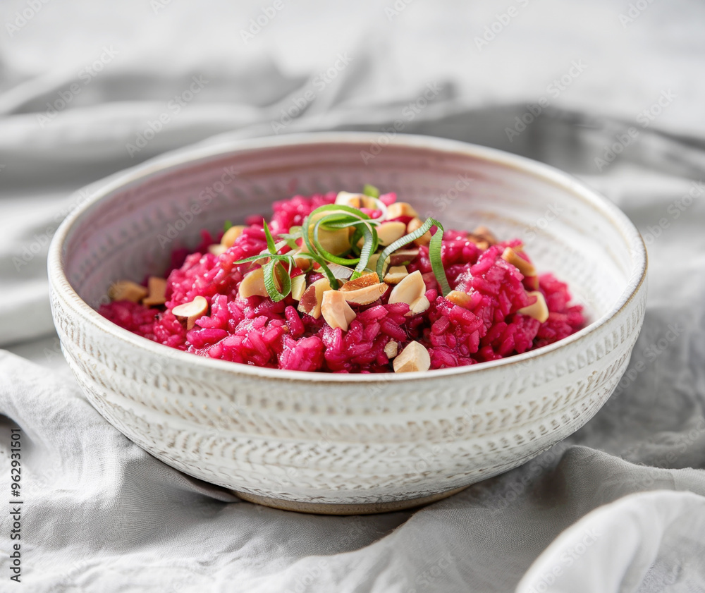 Bowl smooth beetroot risotto hummus garnished white ceramic plate on a white wooden background. Bowl smooth beetroot risotto hummus garnished white ceramic plate on a white wooden background.