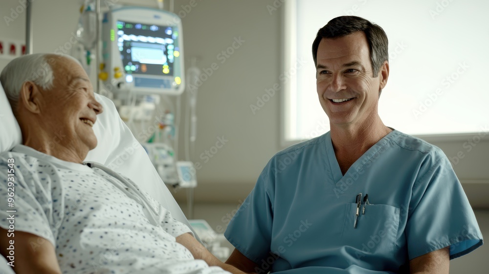 Fototapeta premium Male Nurse in Scrubs Comforting Elderly Patient Warm Sincere Smiles Pastel Room