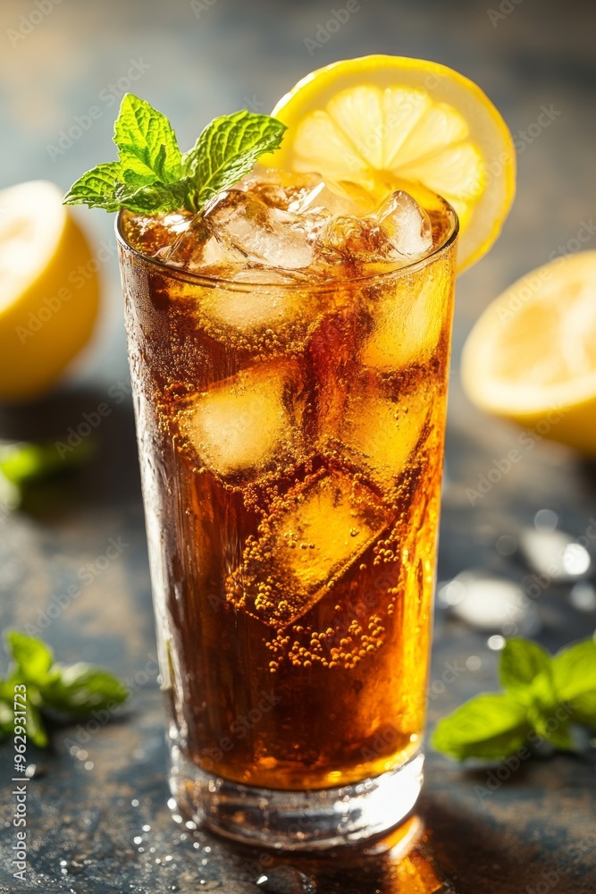 A close-up of a refreshing iced tea with lemon slices and mint leaves in a tall glass A close-up of a refreshing iced tea with lemon slices and mint leaves in a tall glass