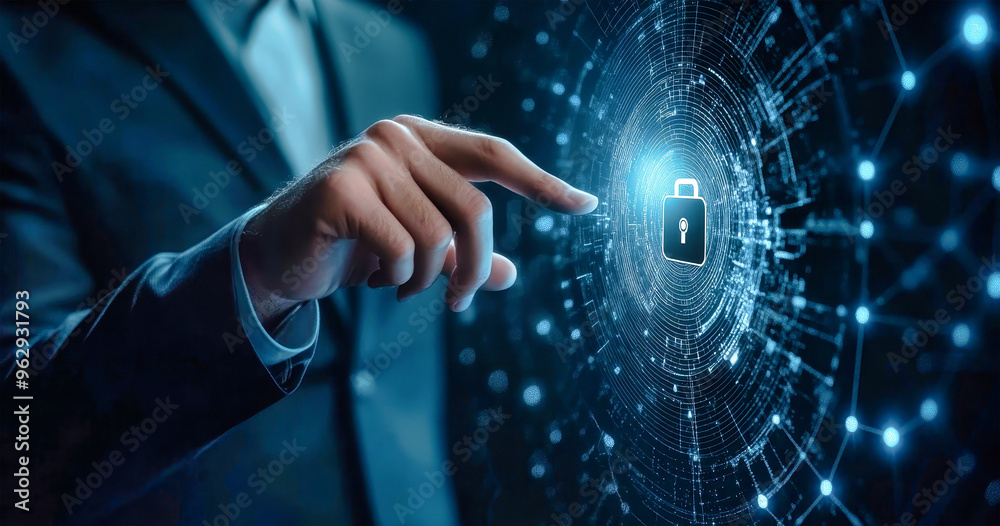 A businessman interacts with a digital lock icon, emphasizing cybersecurity and the importance of protecting personal data in today's technology-driven world A businessman interacts with a digital lock icon, emphasizing cybersecurity and the importance of protecting personal data in today's technology-driven world