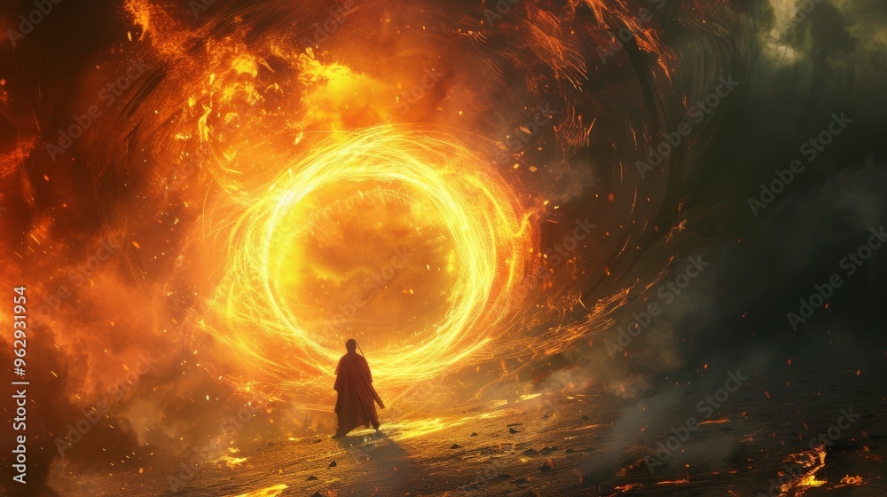 A lone figure in a dark cloak stands before a blazing, swirling portal emitting intense fiery light. The dramatic scene, set in a smoky, mystical landscape, evokes themes of magic and adventure. A lone figure in a dark cloak stands before a blazing, swirling portal emitting intense fiery light. The dramatic scene, set in a smoky, mystical landscape, evokes themes of magic and adventure.