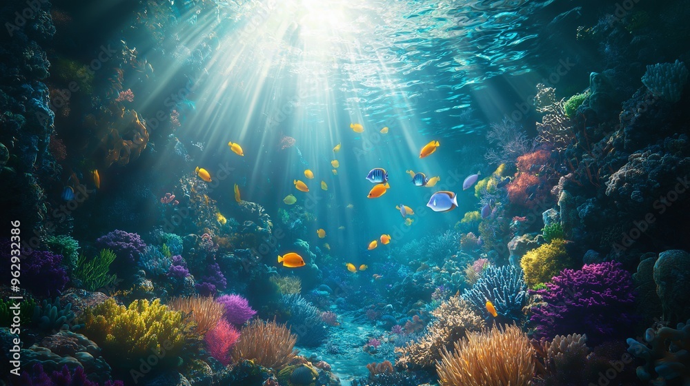 Fototapeta premium A serene underwater scene featuring a school of colorful fish swimming through a coral reef