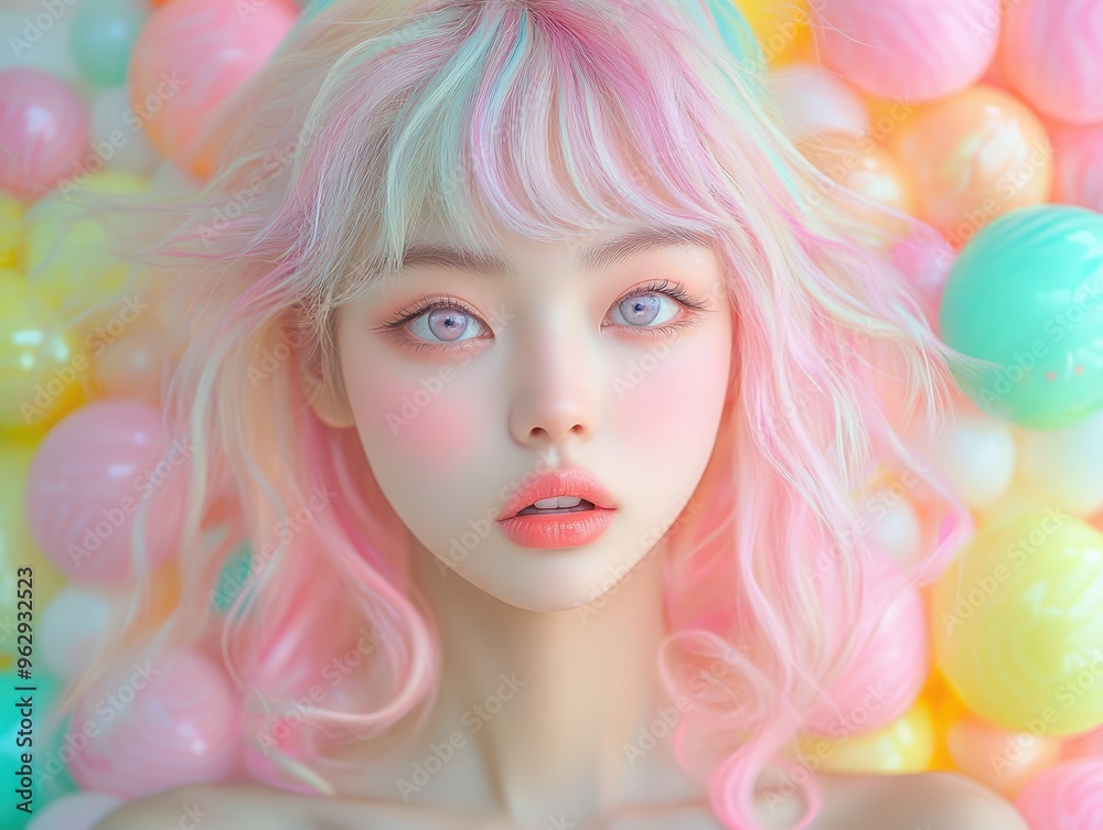 Asian girl with pastelcolored hair, candyinspired pop art background, sweet and vibrant Asian girl with pastelcolored hair, candyinspired pop art background, sweet and vibrant