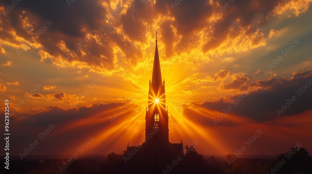 Obraz premium Church Steeple Silhouette at Sunset with Radiant Sunburst