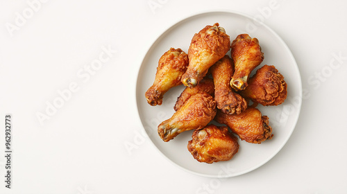 A plate of fried chicken drumsticks with a modern, minimalist presentation, set against a stark white background