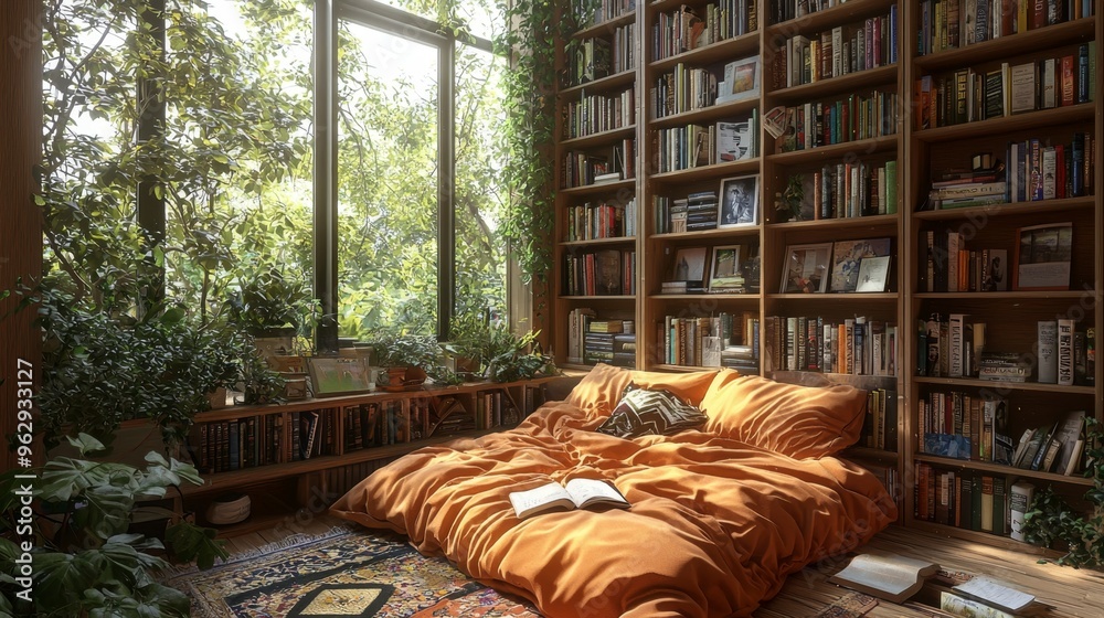 Cozy Reading Nook with Bookshelves and Window View Cozy Reading Nook with Bookshelves and Window View