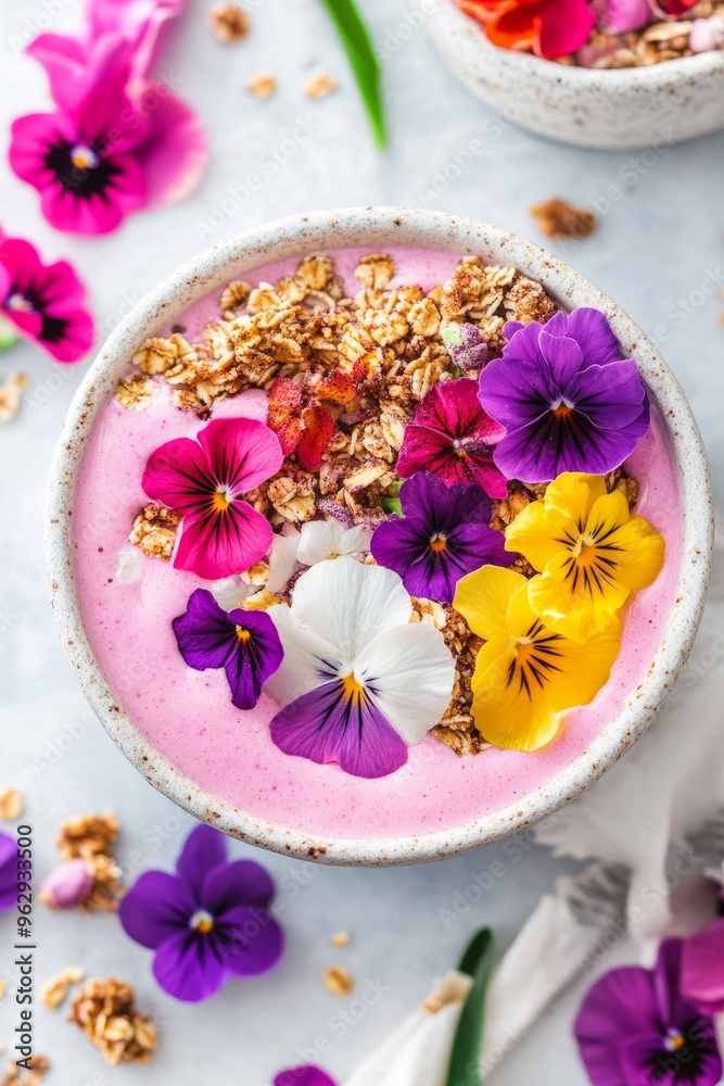 A colorful smoothie bowl topped with edible flowers and granola, shot from above A colorful smoothie bowl topped with edible flowers and granola, shot from above