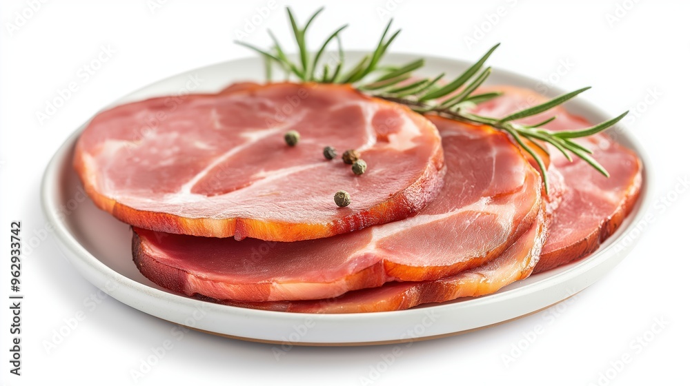Slices of ham. Set of fresh slices of Ham isolated on background. Ham on the plate Slices of ham. Set of fresh slices of Ham isolated on background. Ham on the plate